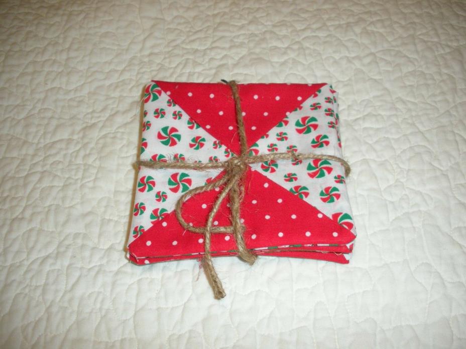 NEW 4 HANDMADE FOLDED COASTERS RED,WHITE,GREEN SNOWMEN PEPPERMINT CANDY