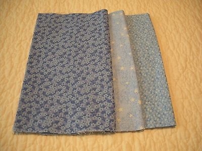 THREE 1/4 YRDS EACH OF 100% COTTON QUILTING FABRIC BLUE FLOWERS AND STARS