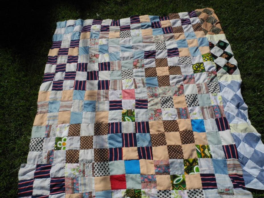 Vintage Fabric Scrap Quilt TOP Hand Made Sewn Country Primitive