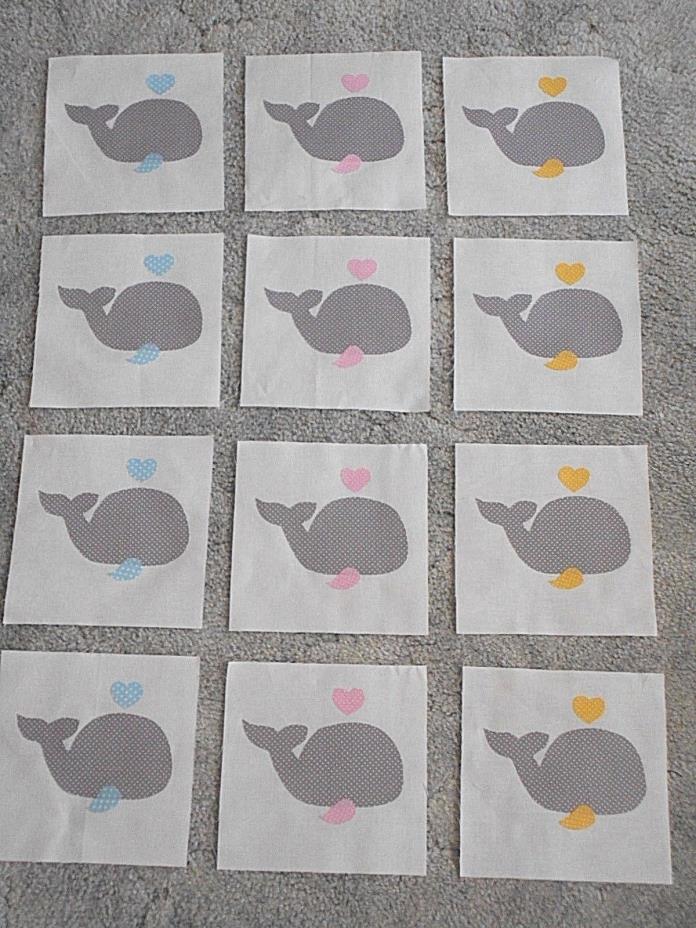 Set of 12 Cute Grey Whales Quilt Blocks 6 1/2