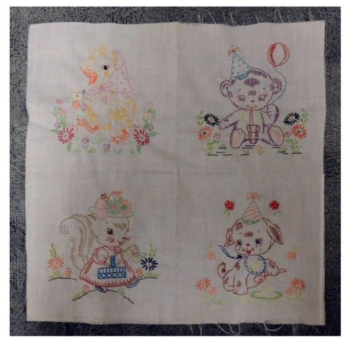 4 New Embroidered Quilt Blocks for Baby Toddler duck bear squirrel dog