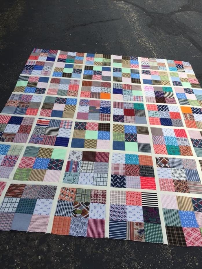 Vintage Handmade Patchwork Polyester Quilt Top 100x117 Mid Century SPECTACULAR!