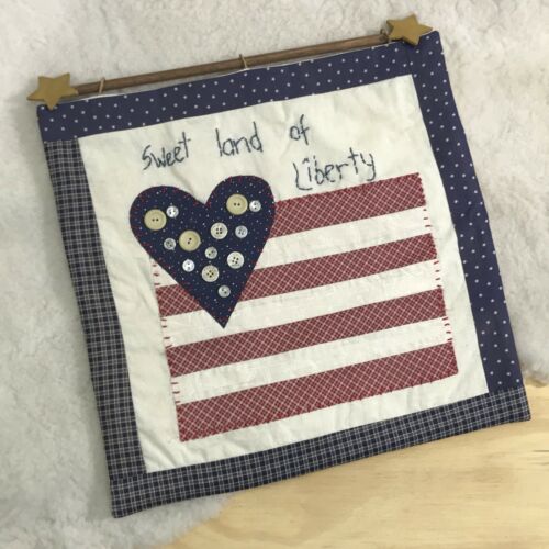 Flag Heart Wall Hanging Quilt Block Vintage 1990 Country Chic  14.5 X 14.5
