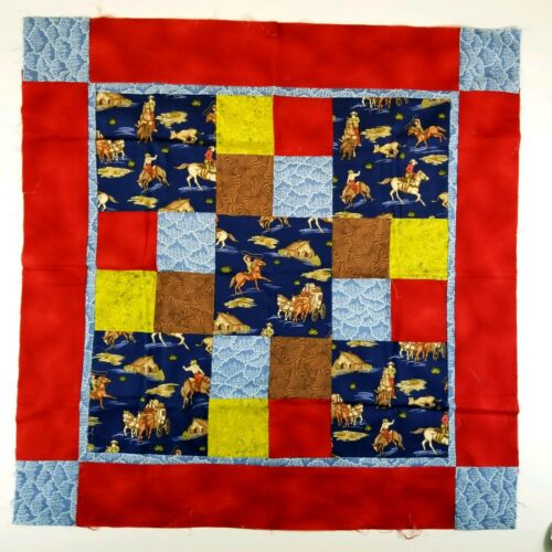 Western Cowboys Pieced Quilt Block Top Square 31x31 Red Green Blue Horses
