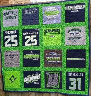 Seahawk Fan Quilt With Navy Minky Backing  60 x 70