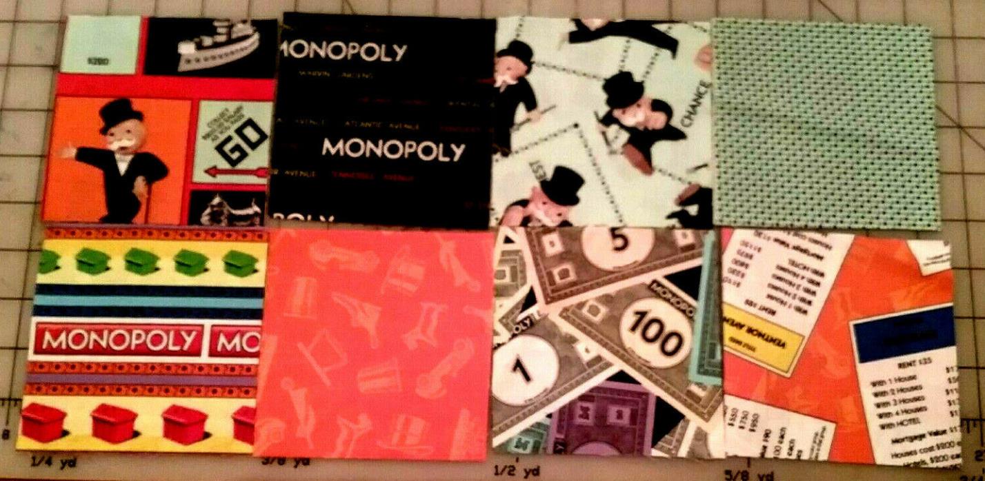 56 Quilt Squares 4 1/2 in  *MONOPOLY* by QUILTING TREASURES 7 DIFFERENT fabrics