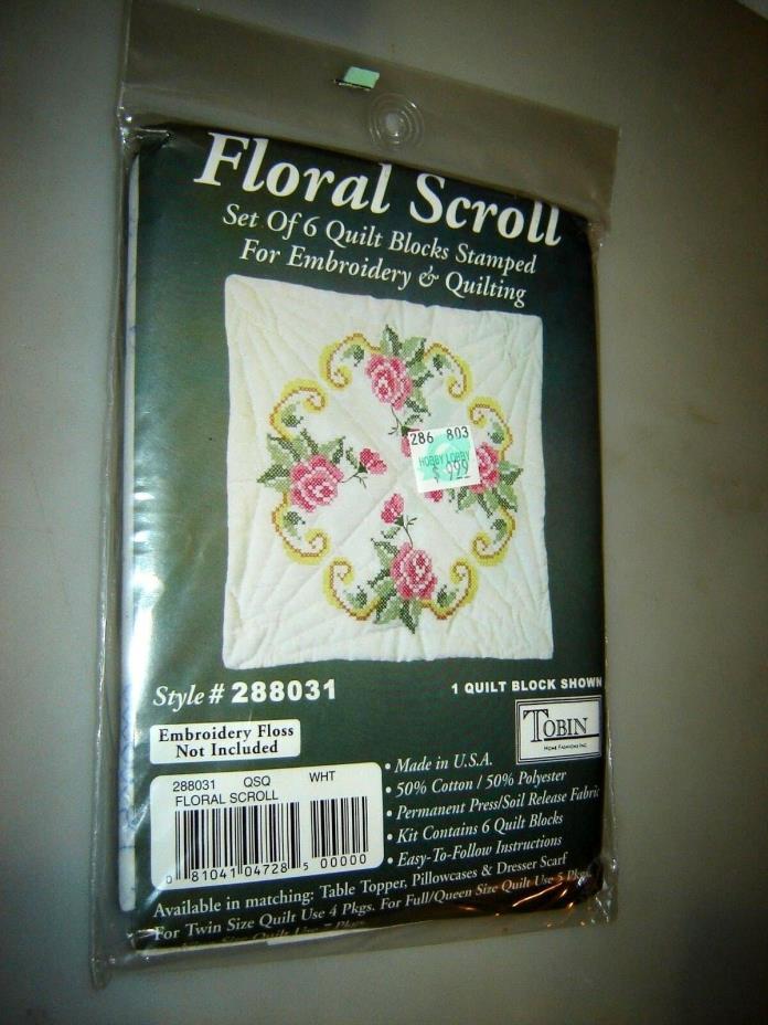 Floral Scroll set of 6 Quilt Blocks Stamped for Embroidery Quilting Style#288031