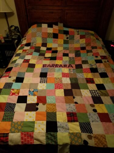 vintage Quilt top squares Barbara  knits cotton machine stitching d5
