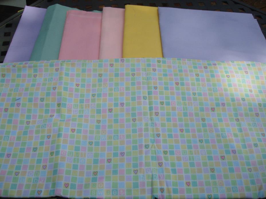 Baby Quilt Fabric Lot 6 solids and  one print