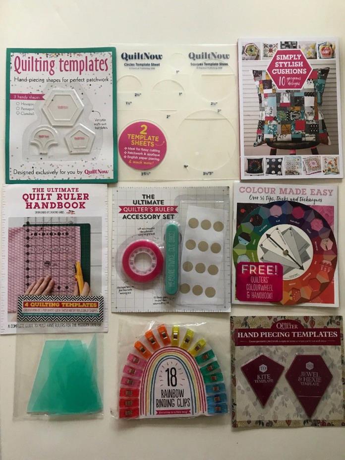 LOT OF NEW QUILT QUILTING ITEMS TEMPLATES BINDING CLIPS COLORWHEEL RULER SET +