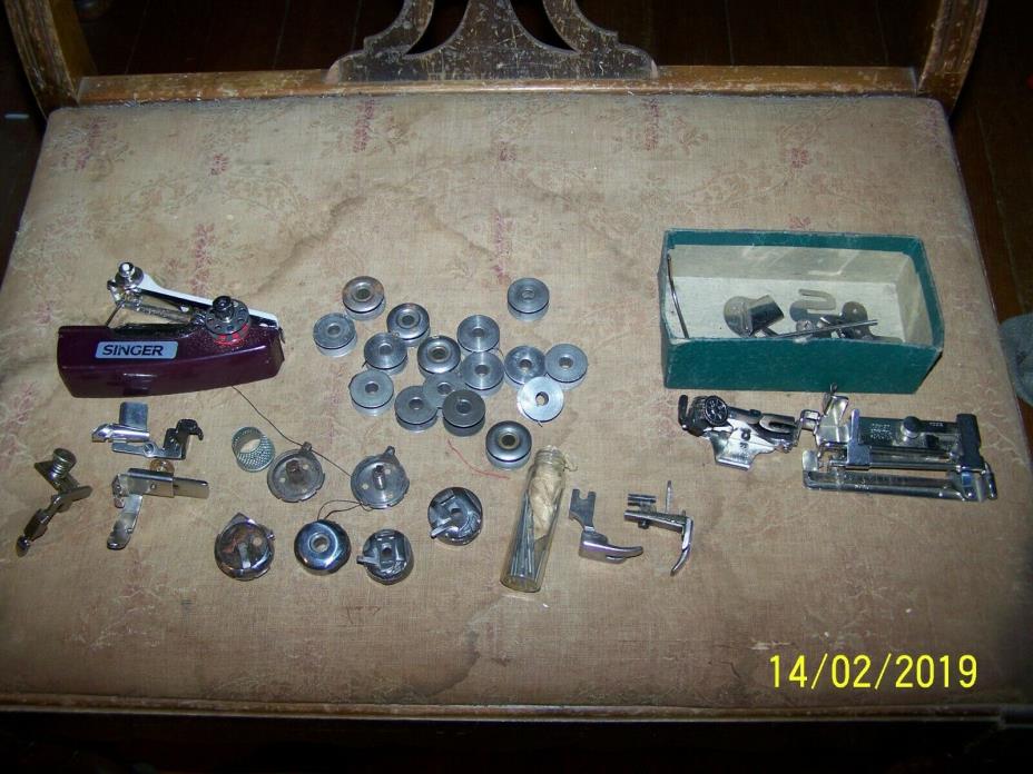 Group Lot Of Vintage Sewing Machine Bobbins & Attachments/Accessories