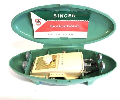 Vintage Singer Sewing Machine Buttonholer Attachment, 5 guides, Green Hard Case