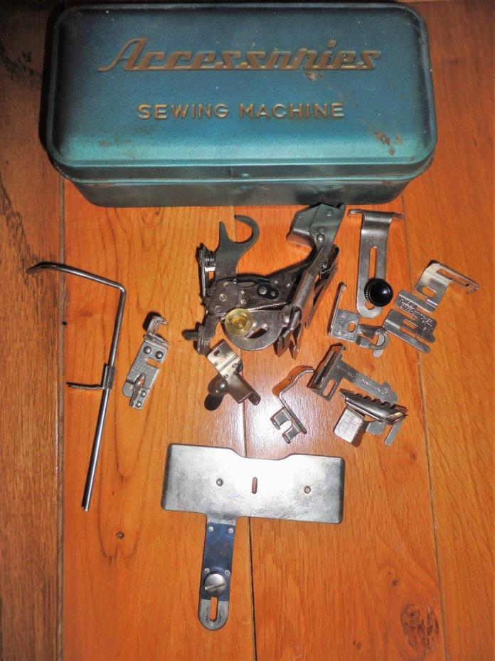 Vintage Sewing Machine Attachments Parts with Metal Box