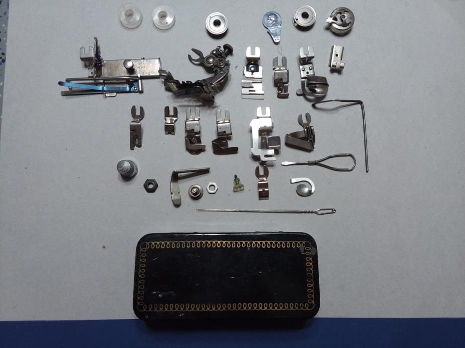 Vintage Greist attachments & parts for White sewing machine, plus metal case