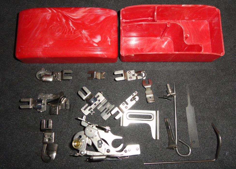 Vintage Greist Sewing Machine Attachments & WHITE parts box + Greist Box