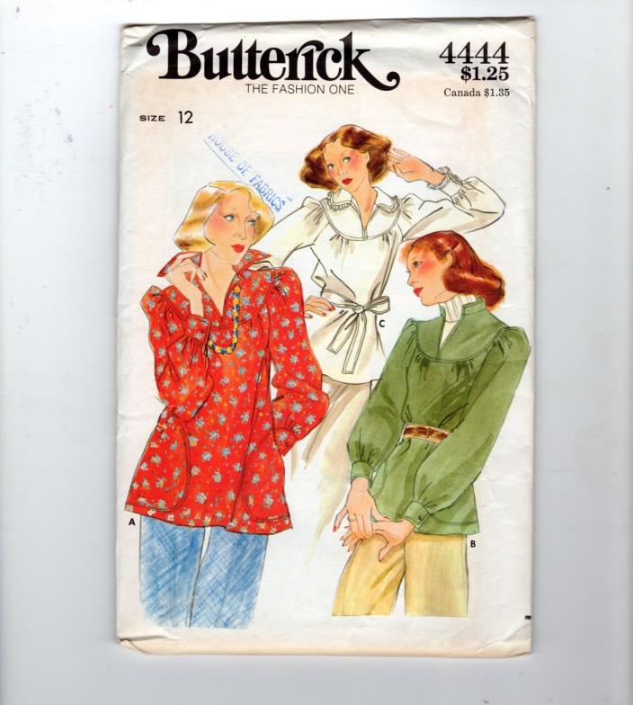 70s Butterick 4444 Hippie Boho Blouse Shirt Top Sewing Pattern Size 12
