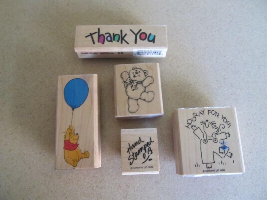 LOT 5 rubber wooden  stamps Pooh Hooray Mouse Thank You Bear Hand Stamped  Used