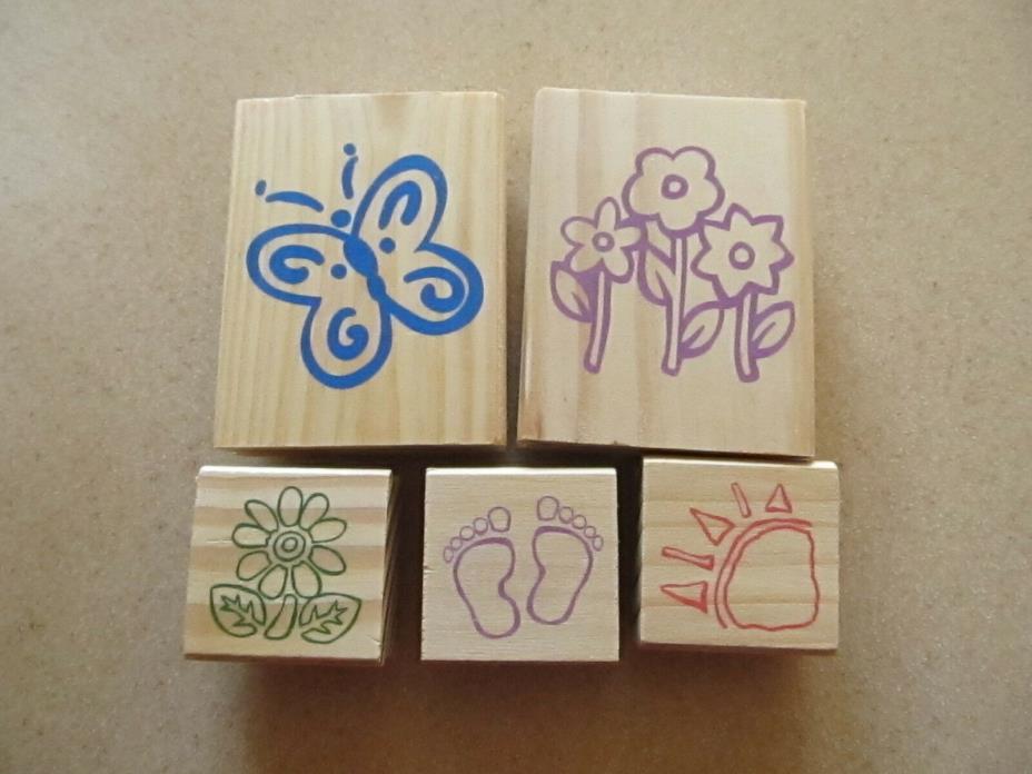 LOT 5 stamps   Wood Rubber Butterfly Flowers Sun Footprints  NEW