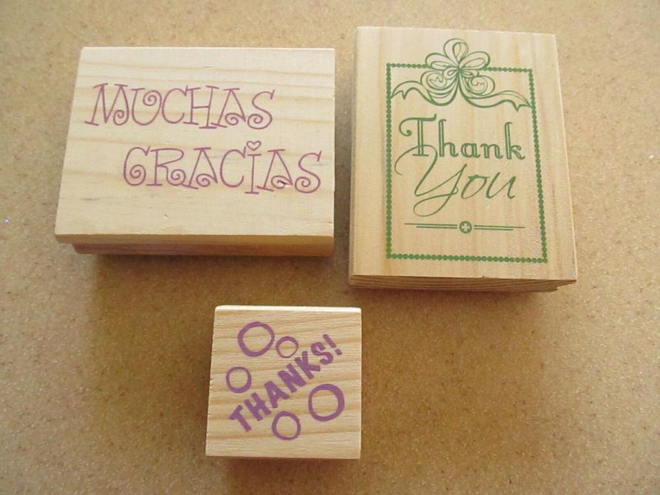 LOT 3 stamps   Wood Rubber  Thank You Thanks Muchas Gracias   NEW