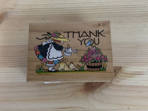 Mary Engelbreit Rubber Stamp Watering The Roses Thank You Kitty Cat Bird 581H
