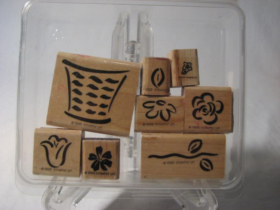 Set of 8 Stampin' Up! Basket of Blossoms Wood Mounted Rubber Stamps