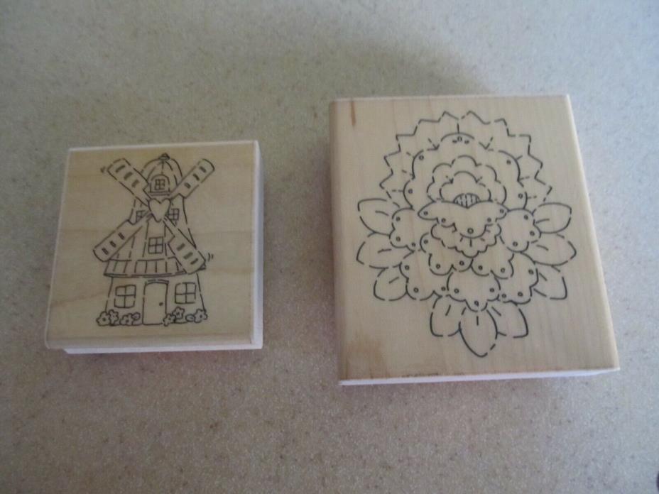 LOT 2   JRL Designs Dutch Flowers Windmill wood wooden mounted  stamps