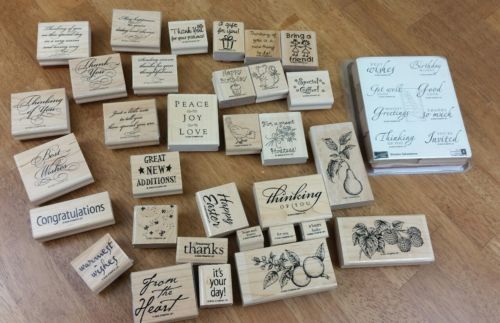 Stampin Up! 40 Pc Wood Mounted Stamp Lot New/Used Script Business Thanks Animals