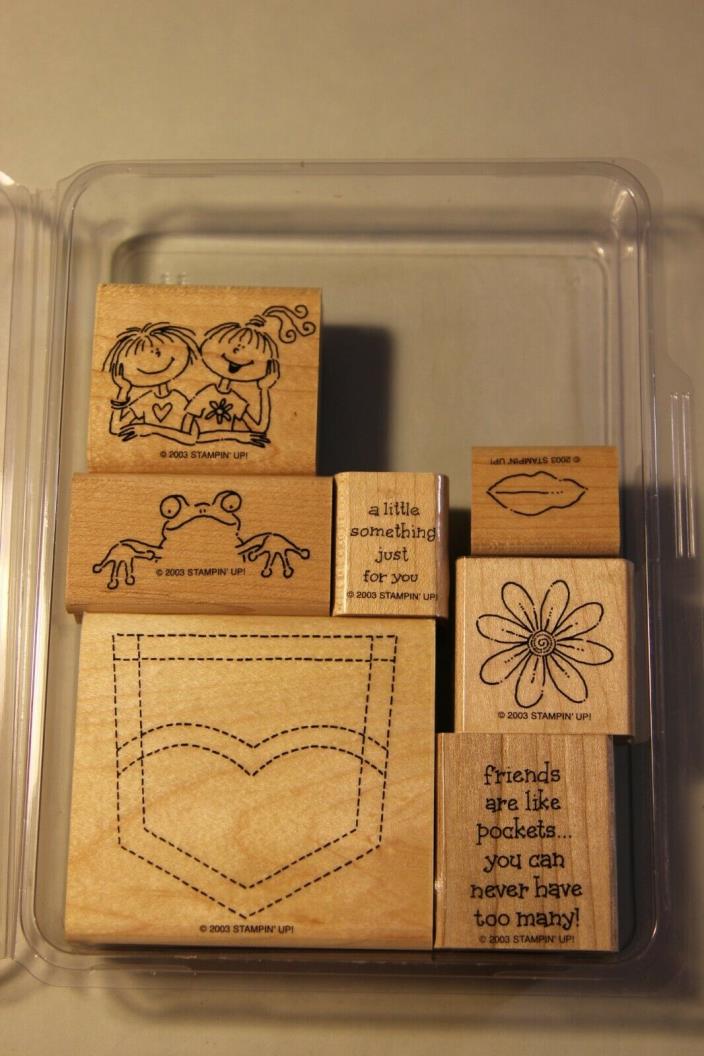 Stampin' Up - Pocket Fun wood mount stamps set of 7 frog friends flower words