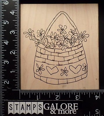 JUDITH USED RUBBER STAMPS T-15 SKETCH LARGE FLOWER BASKET HANDLE BOUQUET #524