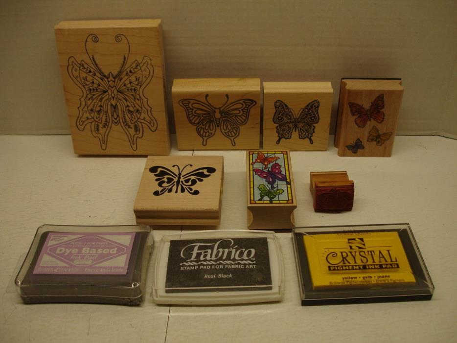 LOT OF SEVEN BUTTERFLY STAMPS WITH THREE COLOR PADS