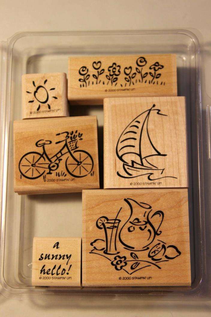Stampin Up Simply Summer Rubber Mounted Stamps, Boat, Lemonade, Bicycle, Sun