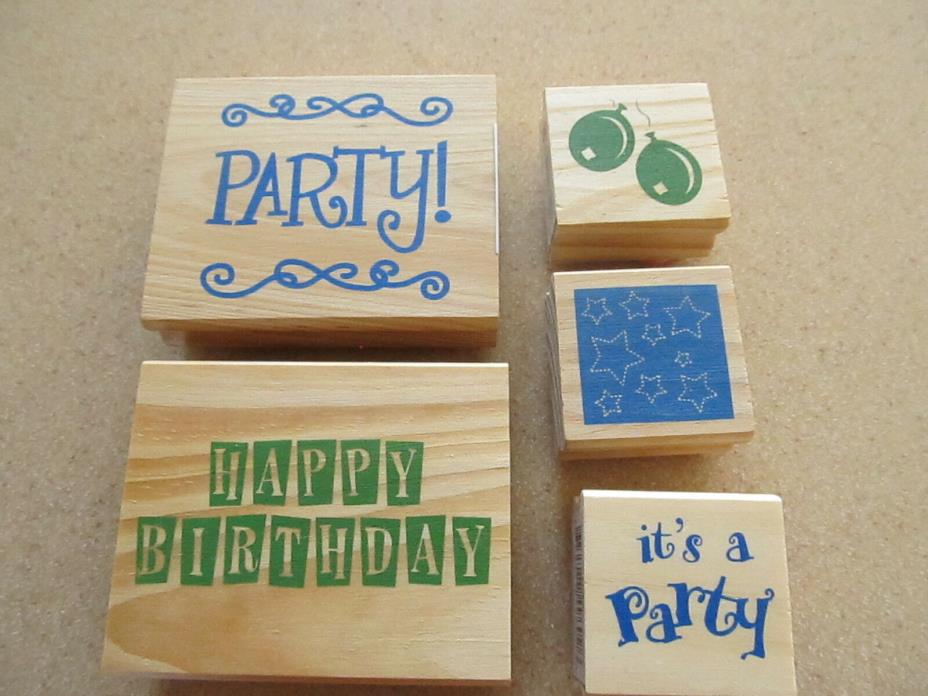 LOT 5 stamps  Party Happy Birthday Balloons Stars   Wood Rubber   NEW