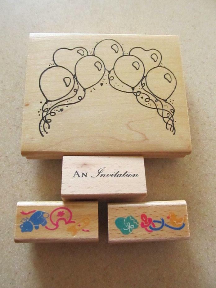 LOT 4 Rubber Stamps Wood  Balloons  Baby Invitation Alias Used