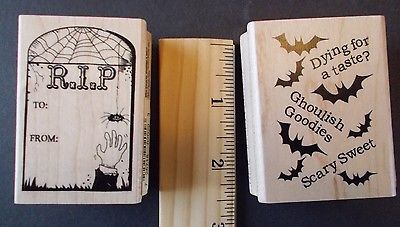 GRAVE STONE & BATS HALLOWEEN STAMPS wooden base rubber stamper cematary
