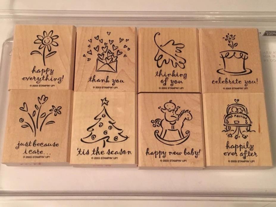 Stampin Up Set of 8 GREETINGS GALORE Wood Mounted Rubber Stamps 2003 Retired