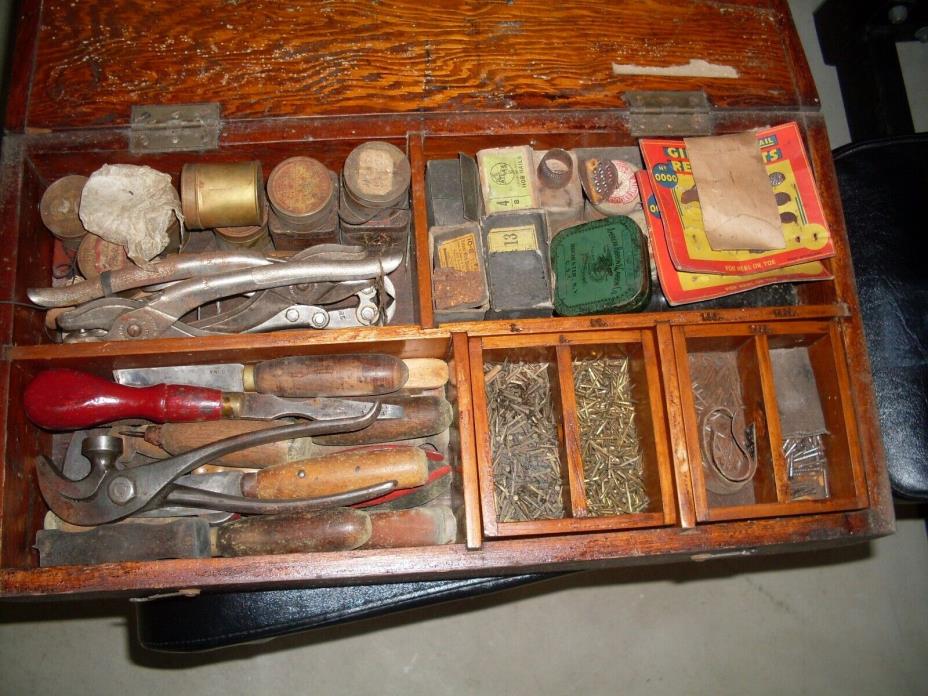 Vintage upholstery tools lot nails pliers wood case plus