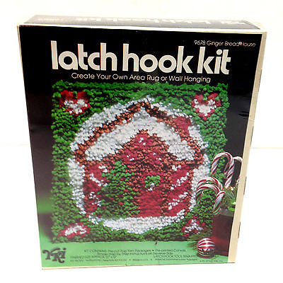 Vtg 1977 CHRISTMAS Latch Hook Kit Ginger Bread House Wall Hanging Printed Canvas