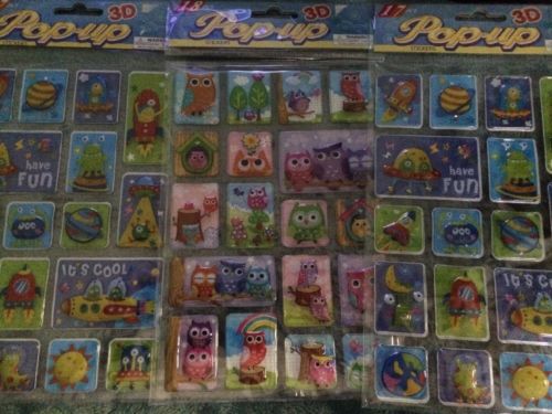 Lot Of 3 Sets Of 17 Pop-Up 3D Stickers 52 stickers Total Aliens Spaceships Owls