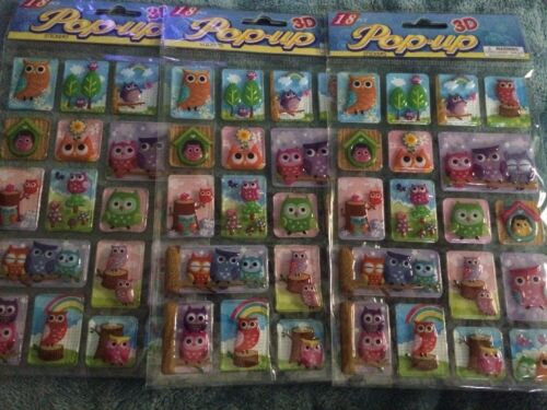 Lot Of 3 Sets Of 18 Pop-Up 3D Stickers 54 stickers Total Cute Owls