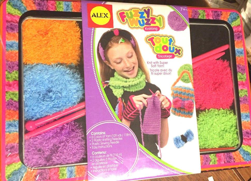 Fuzzy Wuzzy Knitting Kids Craft Kit 6 Super Soft Yarns 3 Plastic Needles Alex 7+