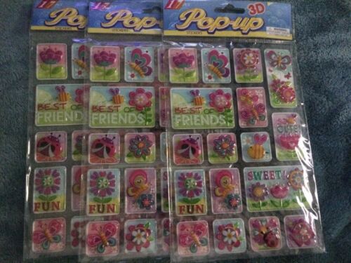 Lot Of 3 Sets Of 17 Pop-Up 3D Stickers 51 stickers Total Flowers ?? Butterflies