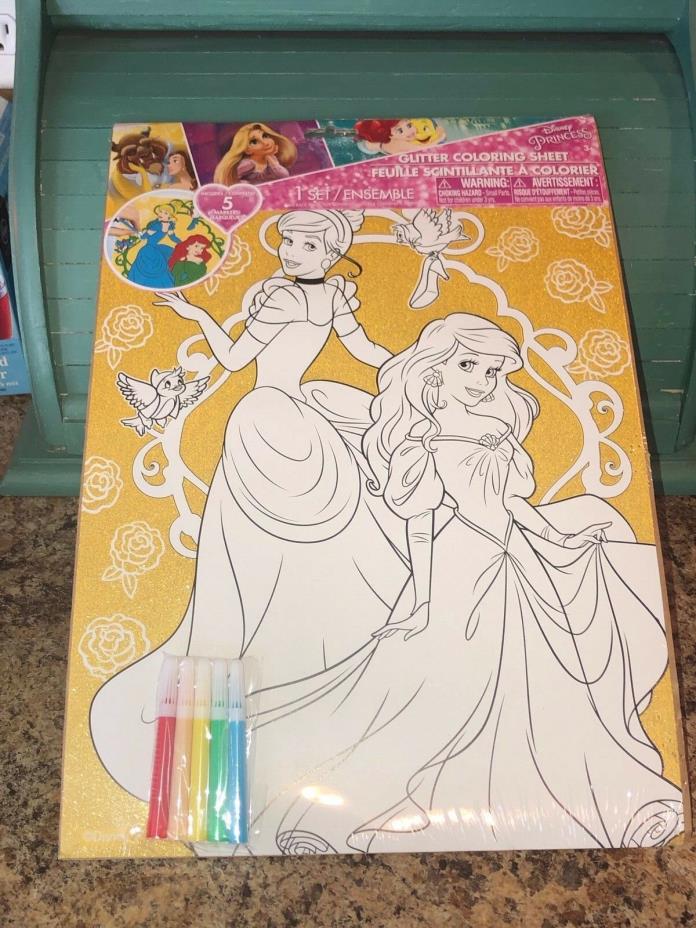 NEW Disney Princess CINDERELLA & ARIEL Glitter Coloring Poster & Markers 11x15