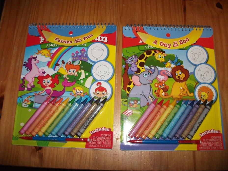 Step-by-Step Drawing Books Pets Zoo Animals or Fairy Fun + Crayons Pencil Eraser