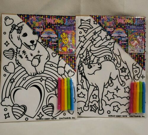 NWT 2 Lisa Frank Velvet Art Coloring Pages, Unicorns, Puppy N Kitten W/Markers