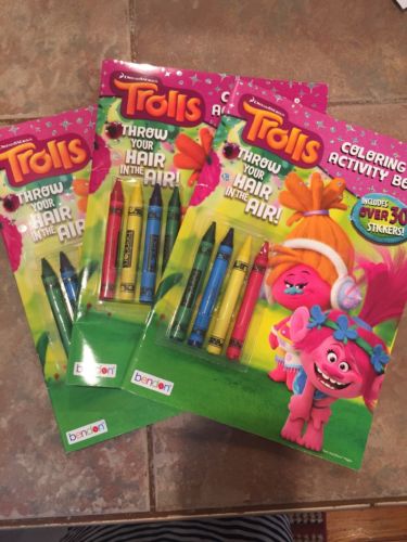 LOT OF 3 Trolls Coloring Book with Crayons by Bendon Over 30 Stickers N631