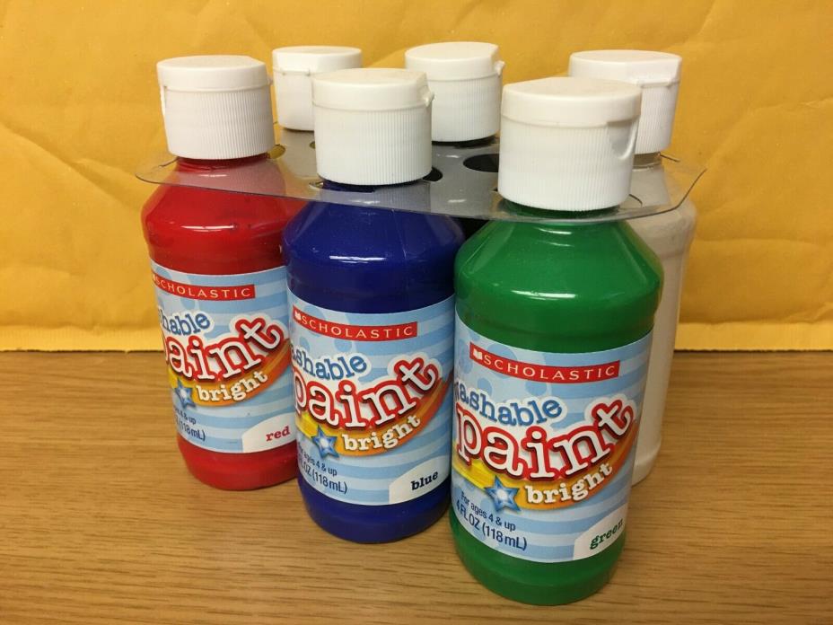 Scholastic Washable Paint (Bright) Rd Blu Grn Wht Blk Yw (6 - 4 oz. Bottles) New