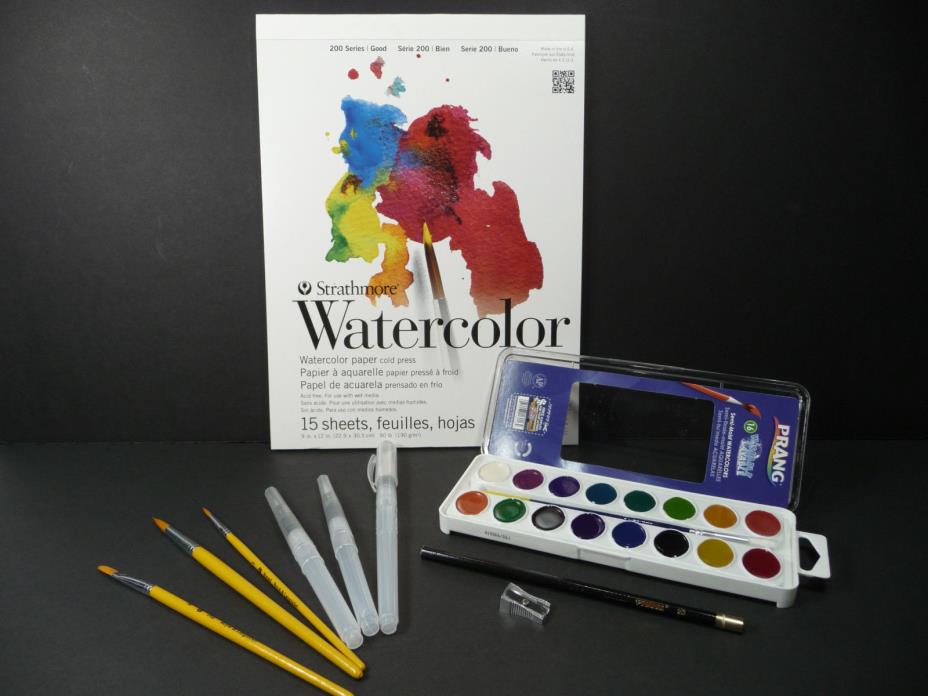 Prang Watercolors Bundle 10pc Starter Set Paints Pad Water Brushes Beginner Kit