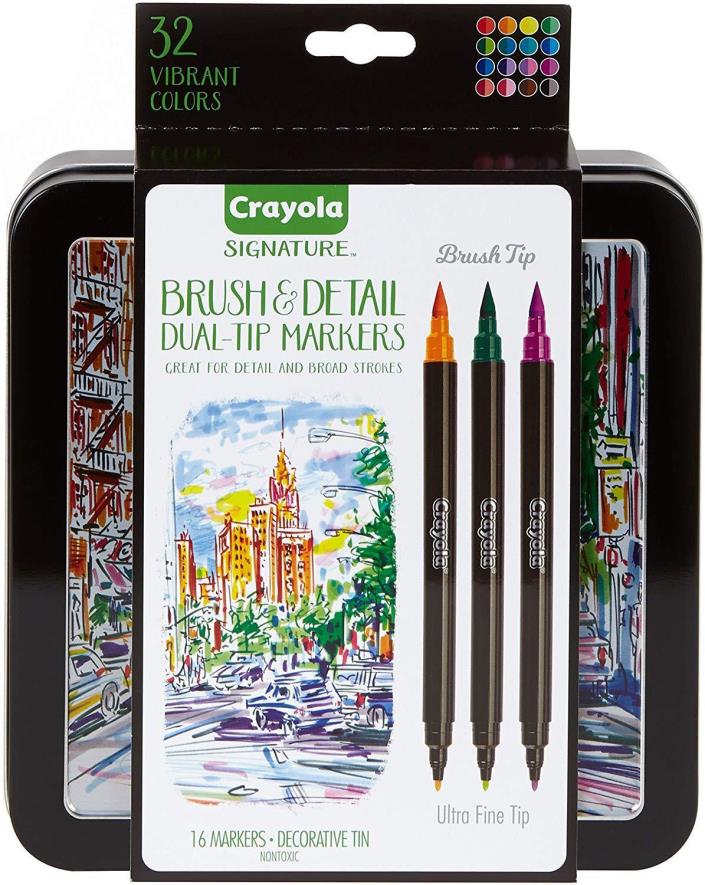 Crayola Brush Markers, Dual-Tip with Ultra Fine Marker, Decorative Storage