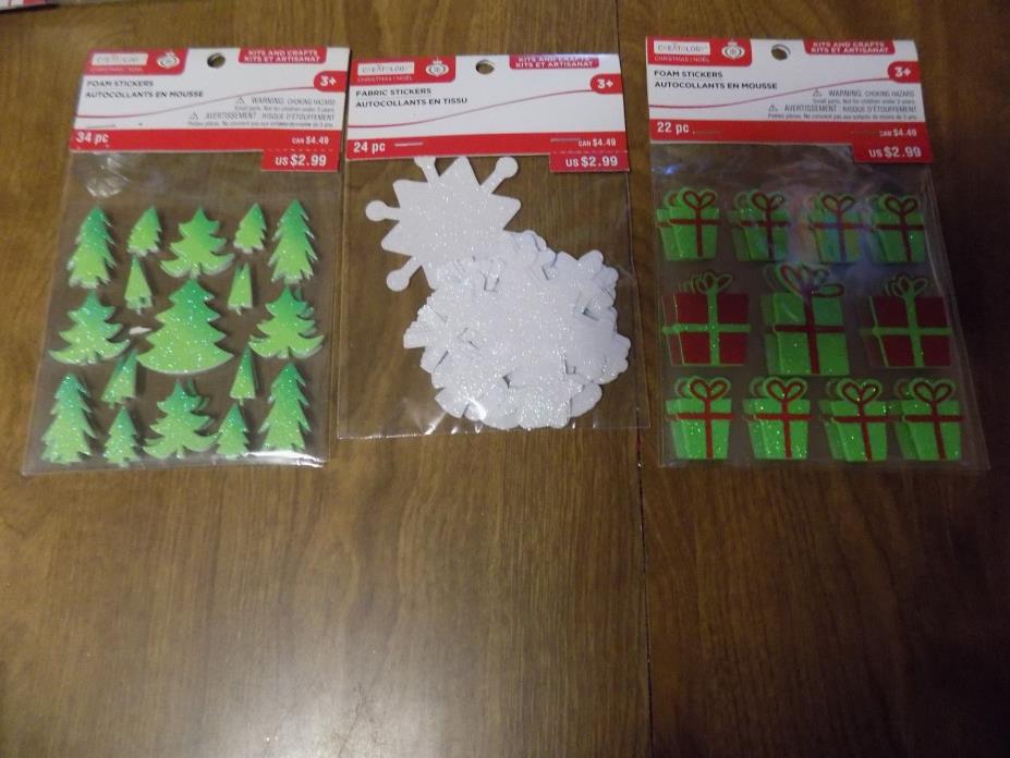 New 3 Pkgs. Foam or Fabric Glittery Christmas Stickers from Creatology Kids 3+