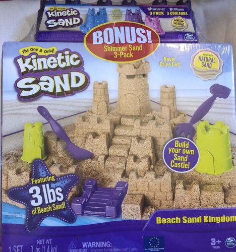 Kinetic Sand Beach Sand Kingdom 3lb Plus Bonus 3 Pack Shimmer Sand